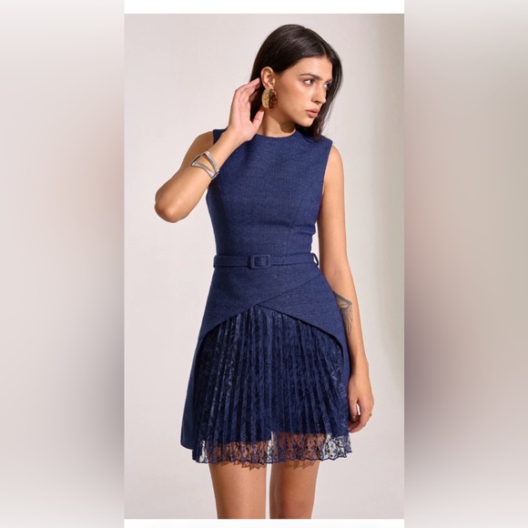 Commense Belted Pleated Lace Mini Dress - Picture 1 of 10